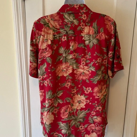 LRL Linen Floral Button Down Camp Shirt Women’s Medium Cottagecore Red Green - Picture 5 of 16
